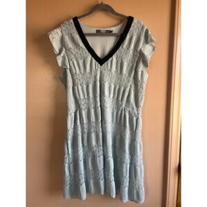 Eva Franco XL Blue Textured Lace Inset Dress Black Trim V Neck Lined Cap Sleeve